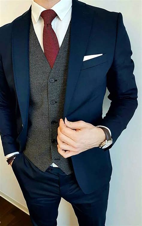 navy suit with grey waistcoat